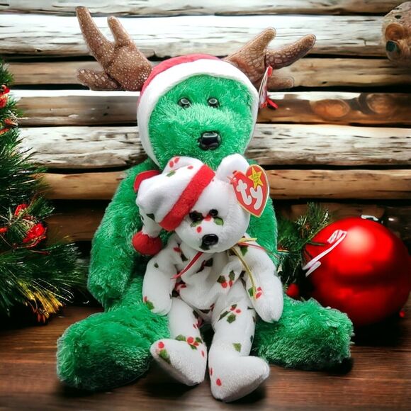 Vintage 1998, 2002 Holiday 14" Reindeer Teddy Beanie Baby Christmas PJs 9" Bear - Picture 1 of 16